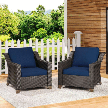 Patio Wicker Outdoor Lounge Chair with Thick Deep Blue Cushions (2-Piece)